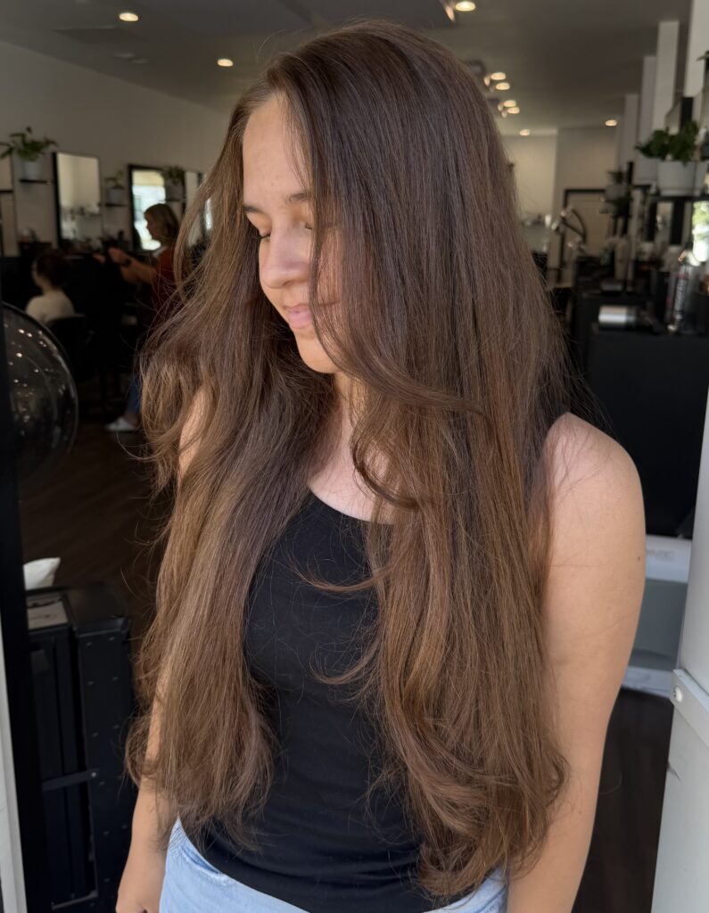 Brunette hair styled by Hair by Ella in Lake Oswego.