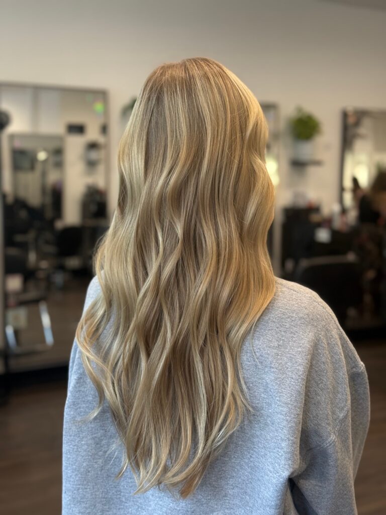 Blonde balayage with soft waves viewed from the back