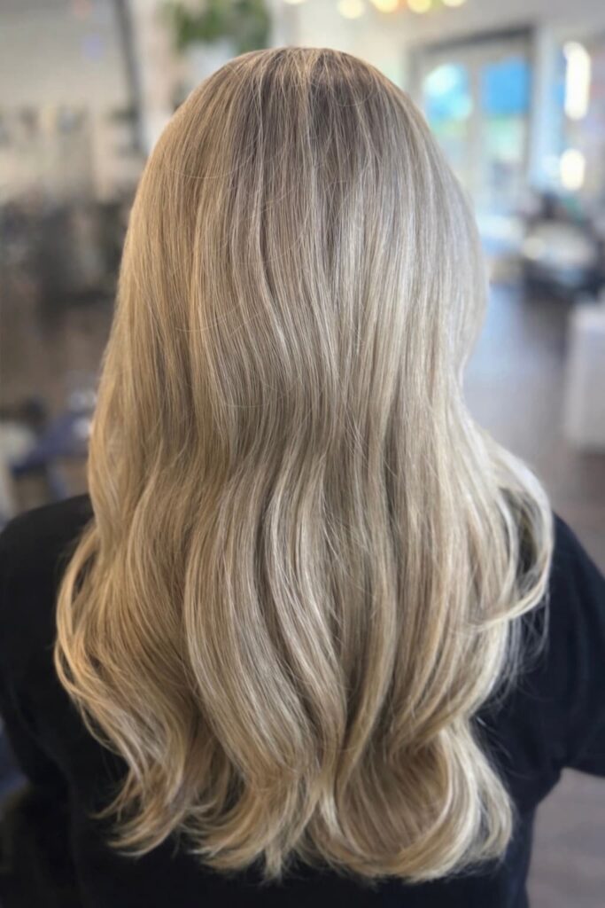 Beige blonde balayage hairstyle from the back